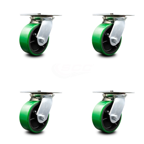 Service Caster 5 Inch Heavy Duty Green Poly on Cast Iron Caster Set with Roller Bearings, 4PK SCC-35S520-PUR-GB-4 - main